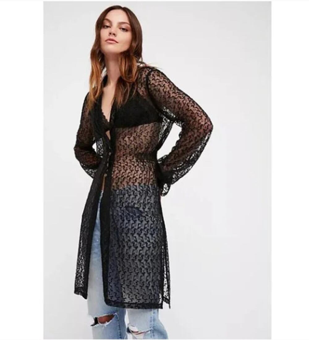 Free People LOU'S Sheer Mesh Lace Embroidered Long Cardigan Duster Top L NWOT